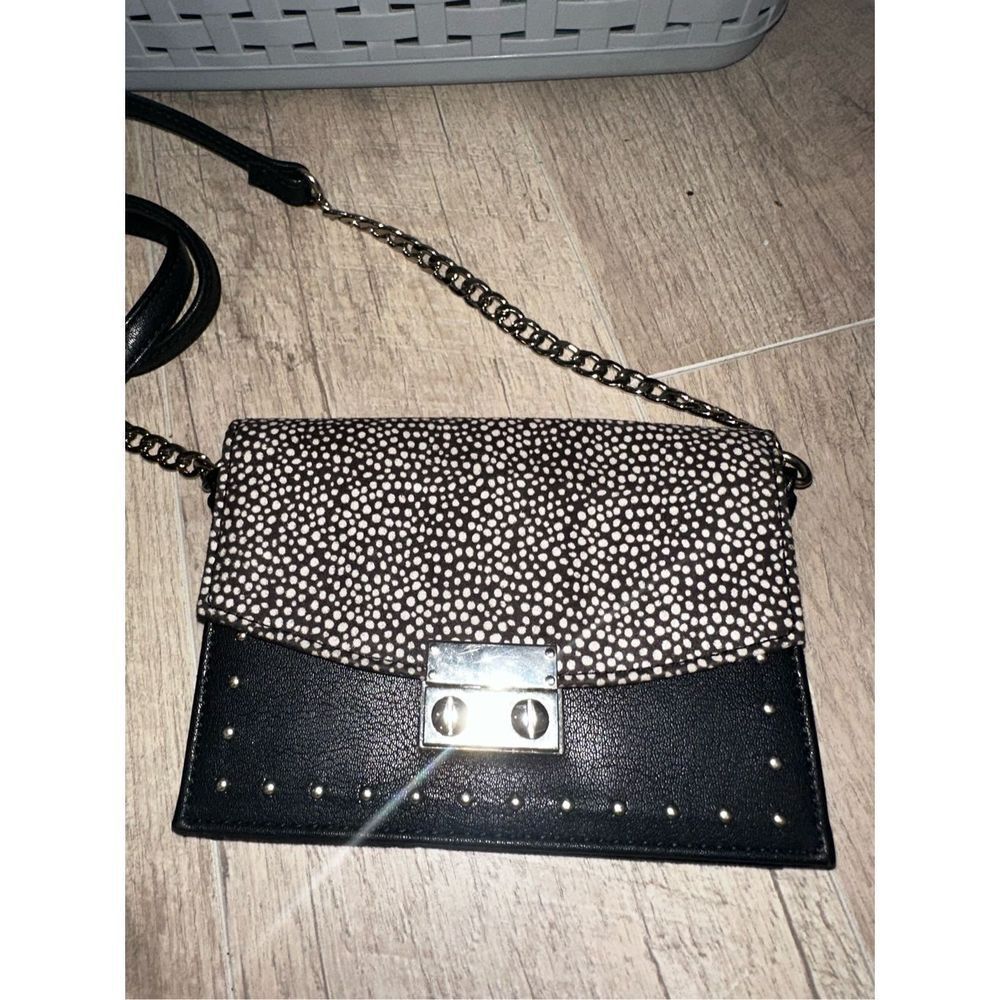 Express Cross Body Purse Black Leather Silver Accents Dalmatian Print
